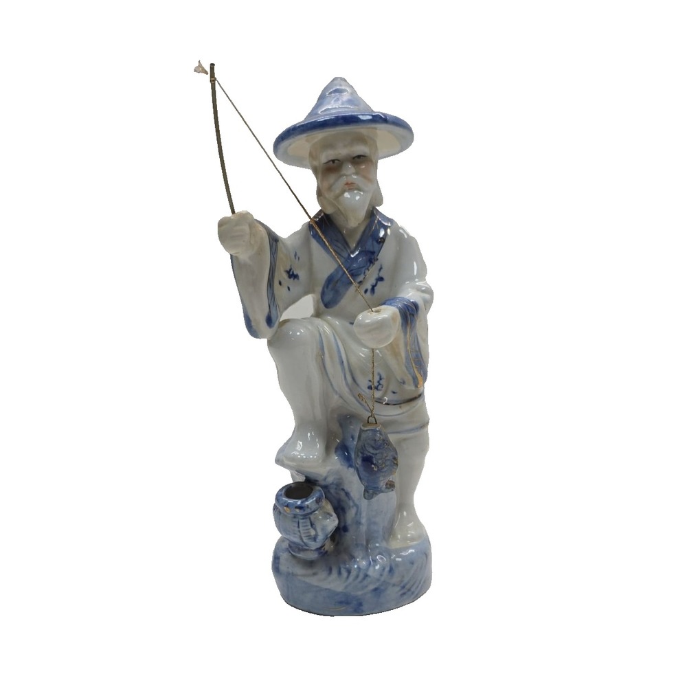 Vintage Chinese Porcelain Fisherman Figurine Blue White‎ Water Buckets Fish